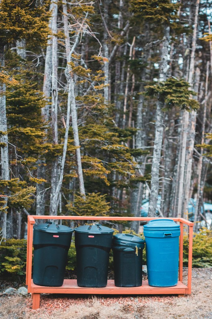 Four recycling bins in a forest, promoting environmental awareness.